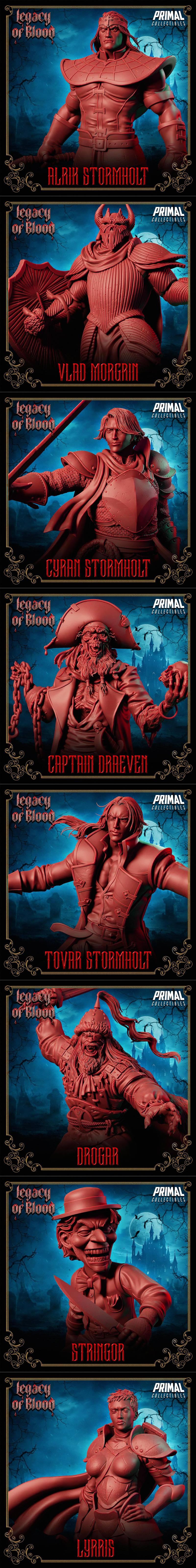Collection of gothic fantasy 3D models for printing, featuring vampires and warriors like Drogar, Tovar Stormholt, an...
