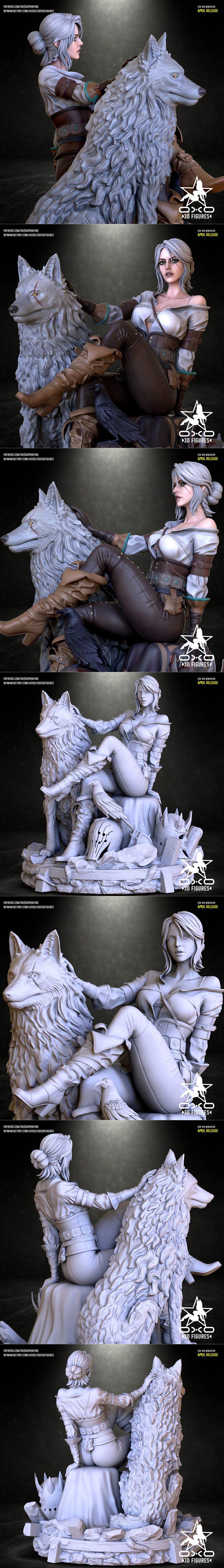 Ciri from The Witcher sitting on a rocky base with a wolf, detailed outfit, battle debris, and a raven.