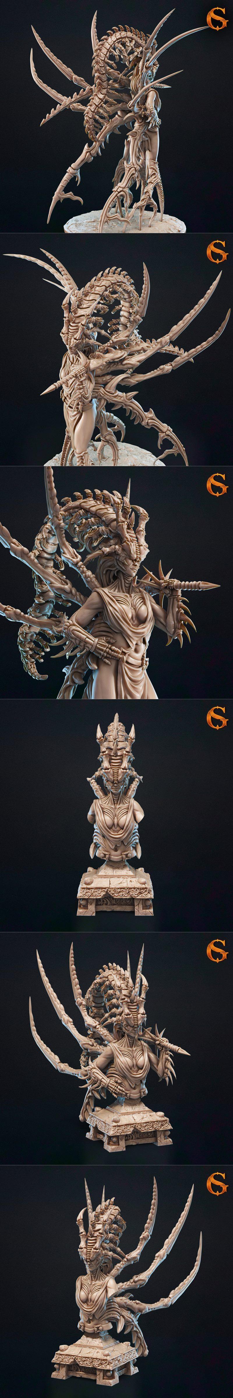 SolGood Creation Symbiote Warrior 3D model: alien female with multiple limbs, claws, and ornate armor, holding bladed...
