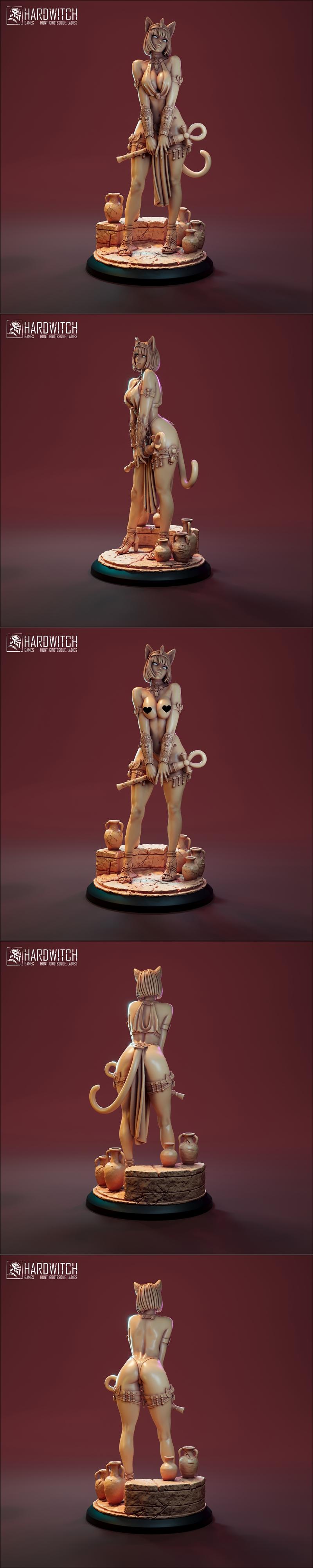 Egyptian-inspired catgirl character 'Maftet' by HardWitch Games, wearing ornate jewelry and an ankh, standing on a ba...