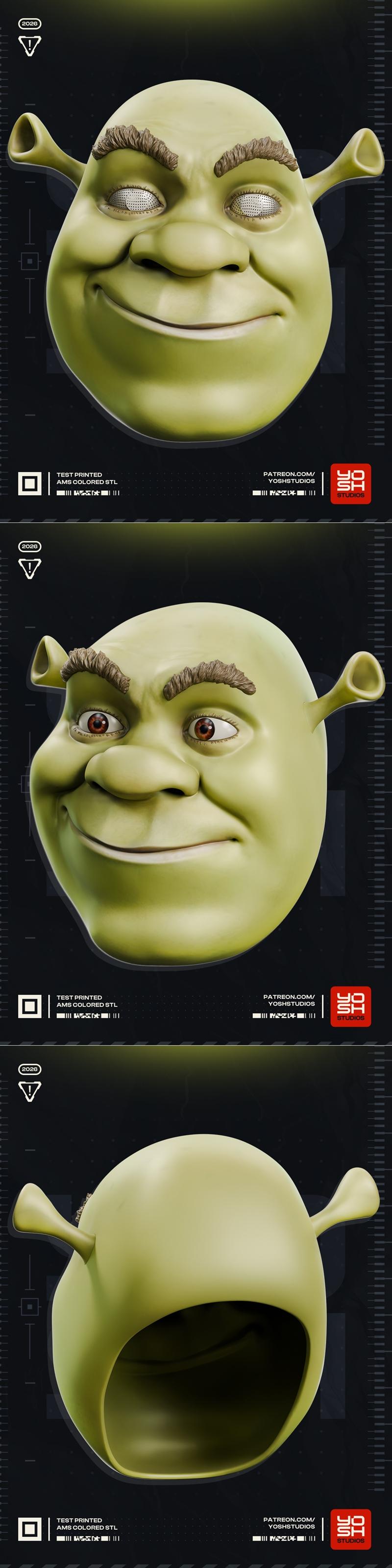 Shrek bust 3D model from Yosh Studios, shown from multiple angles with expressive faces and detailed features.