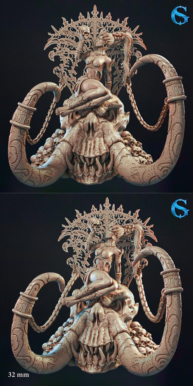 Amara, Queen of the Bone Wastes, seated on a throne of skulls and bone, holding a human skull. Separate bust also sho...
