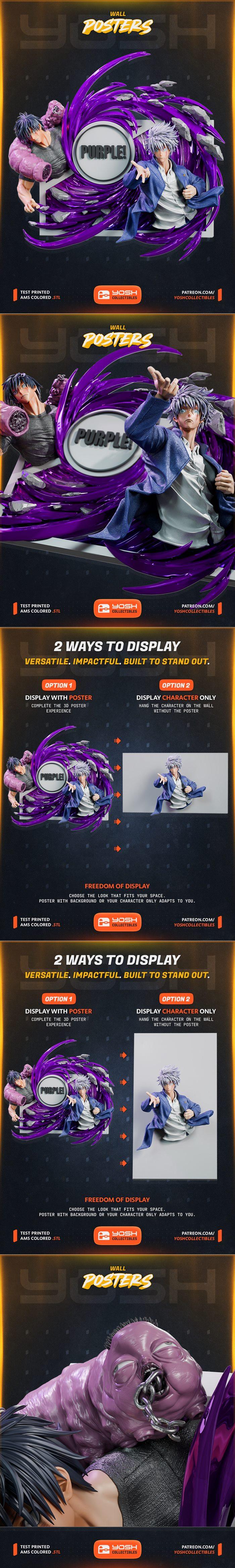 3D model of Satoru Gojo from Jujutsu Kaisen, surrounded by purple energy and debris, in a dynamic pose.