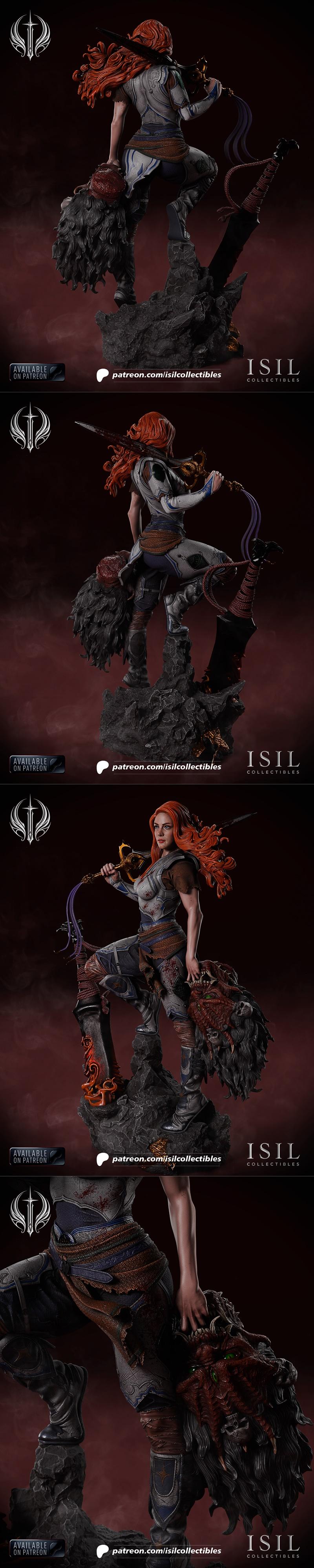 Laufey from God of War, a female warrior with red hair, wearing detailed armor and holding a large sword, standing on...