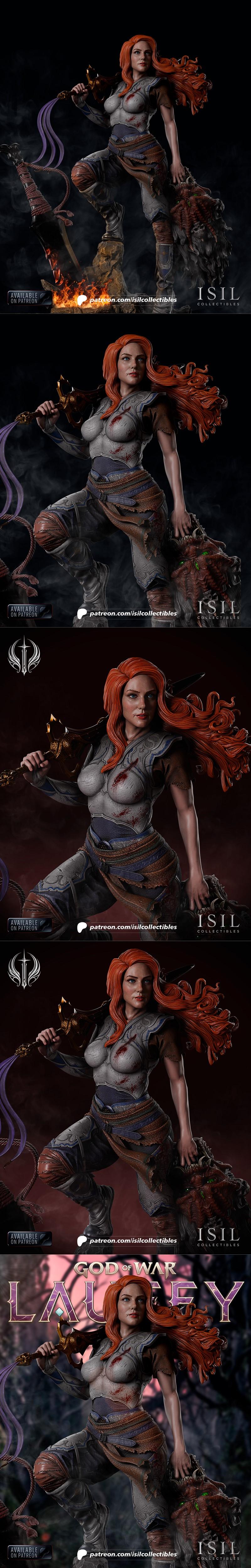 Laufey from God of War, a female warrior with red hair, wearing detailed armor and holding a large sword, standing on...