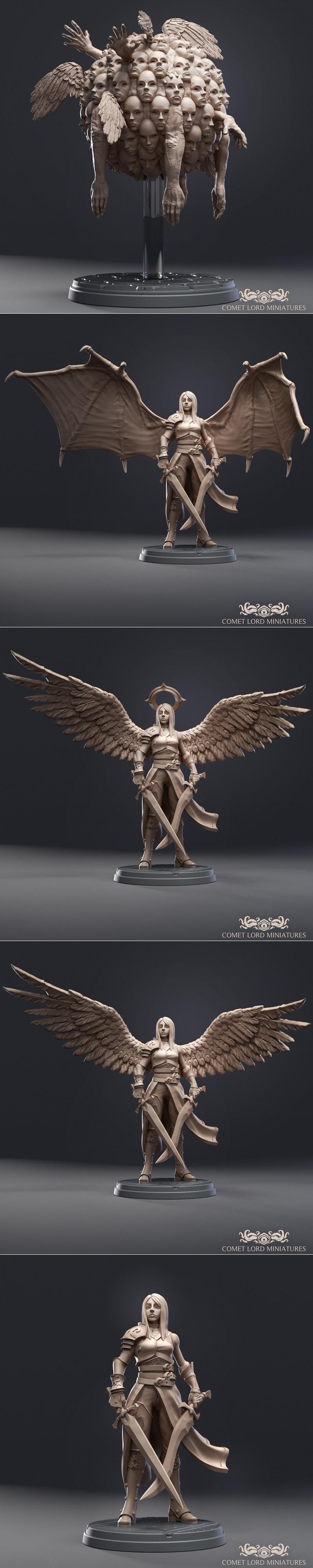 Collection of fantasy miniatures: a mass of angelic faces with wings, an armored figure with multiple arms and a staf...