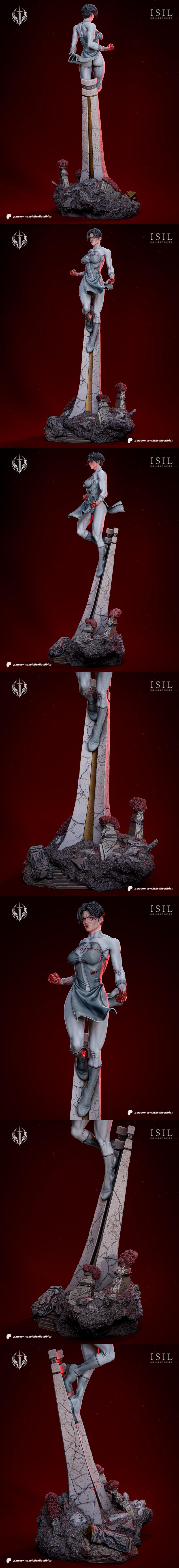 Anissa from Invincible comic series, posed dynamically on a cracked stone base with blood splatters on her white suit...