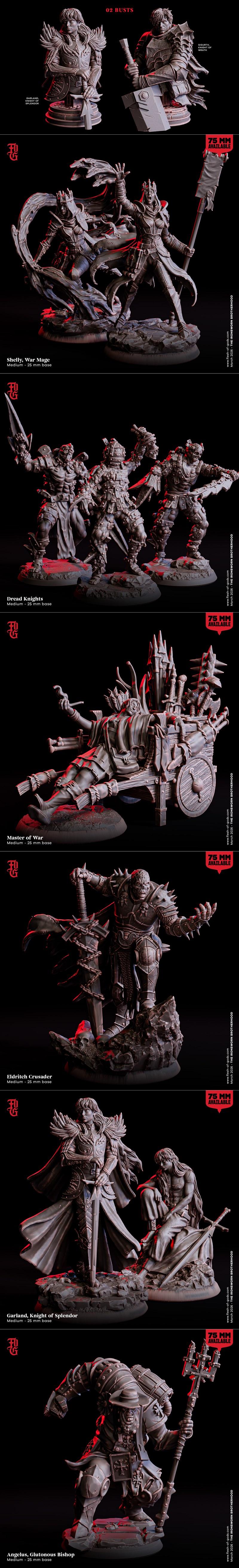 Collection of dark fantasy miniatures titled "The Ironsworn Brotherhood," featuring heroes, NPCs, and enemi...