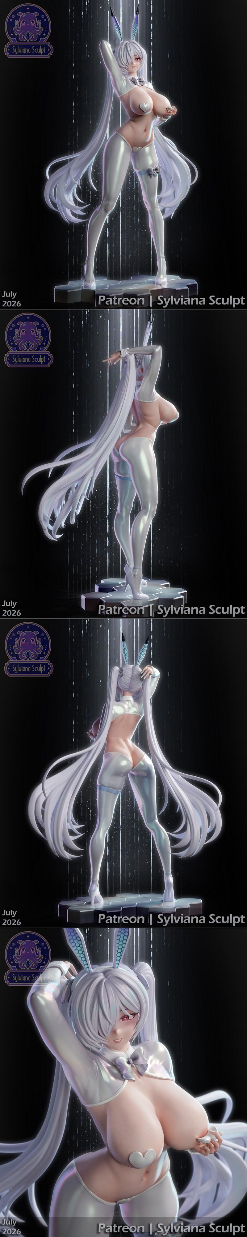 Stylized bunny-girl character in a revealing white outfit and thigh-high boots, posing dynamically on a hexagonal pla...