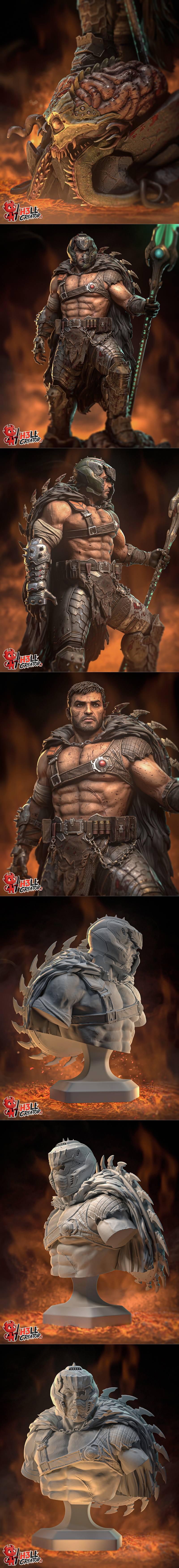 Doom Slayer figure with muscular build, wearing ornate armor and a fur cape, holding a glowing green energy weapon an...