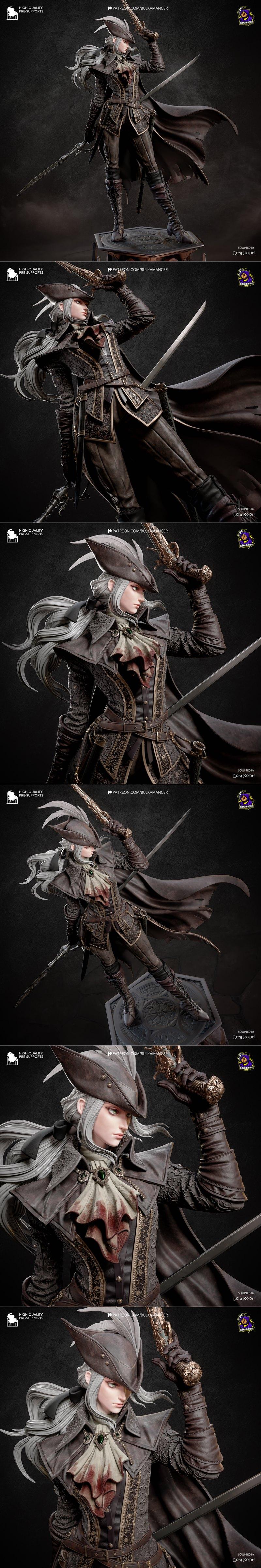 Lady Maria from Bloodborne, a female elf-like character in gothic attire, holding two swords, standing on a detailed...