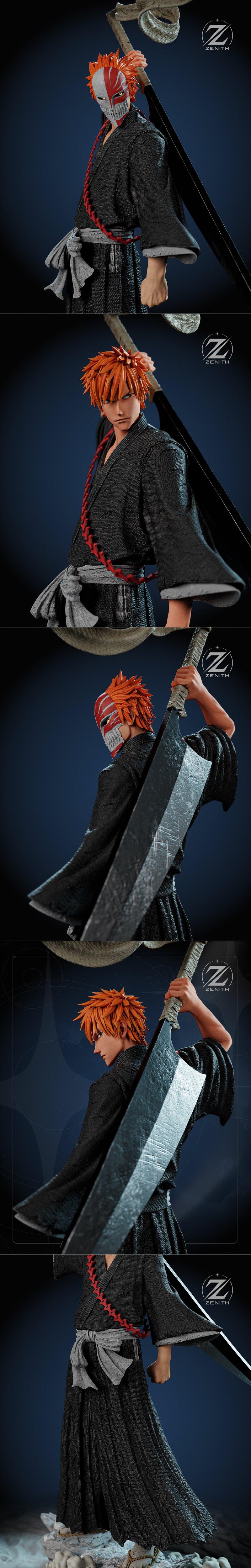 Ichigo from Bleach anime, holding a large sword, wearing a black robe and grey sash, standing on a rocky base. Orange...