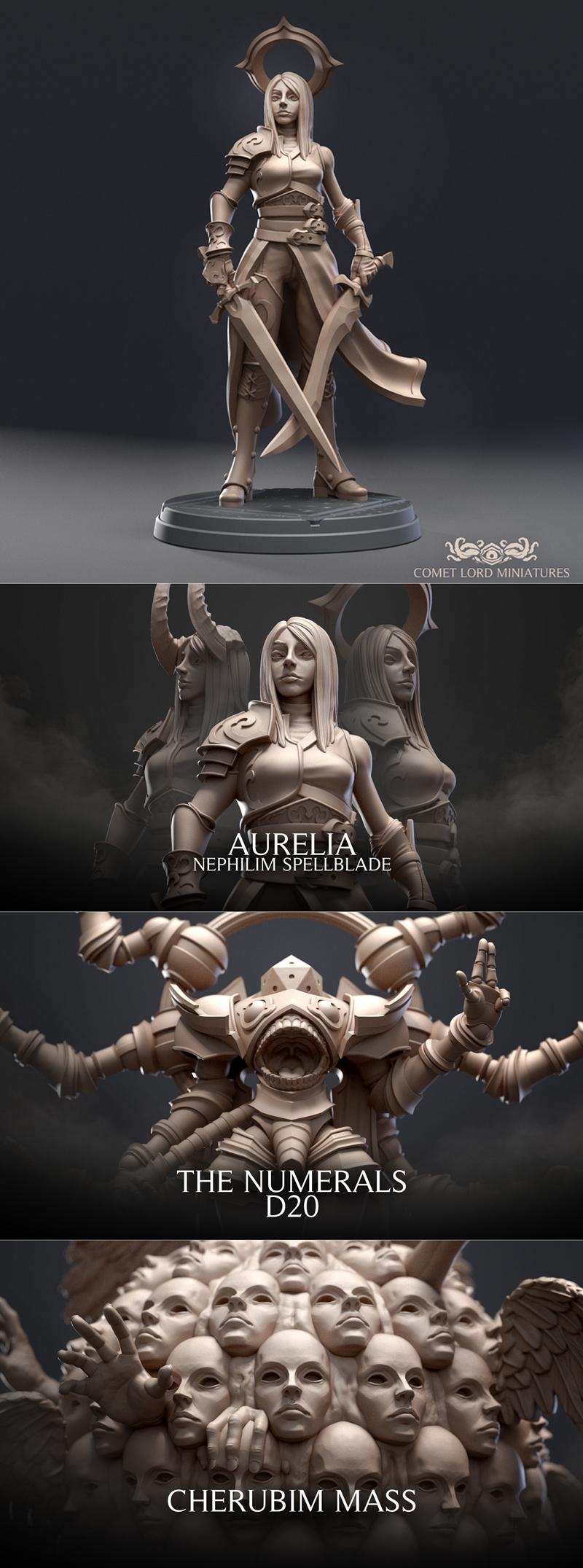 Collection of fantasy miniatures: a mass of angelic faces with wings, an armored figure with multiple arms and a staf...