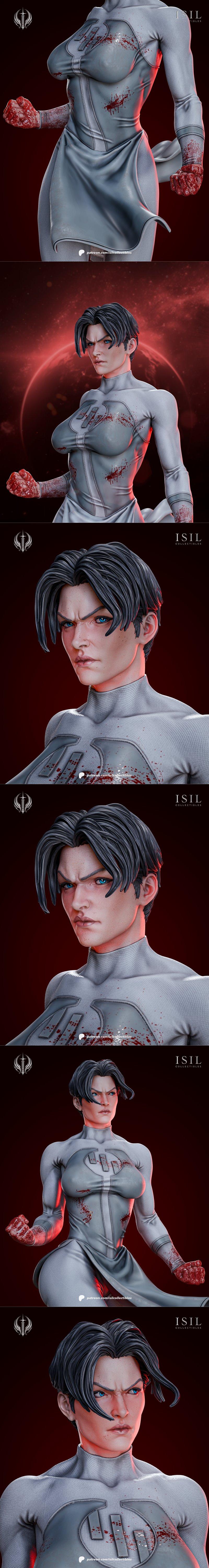 Anissa from Invincible comic series, posed dynamically on a cracked stone base with blood splatters on her white suit...