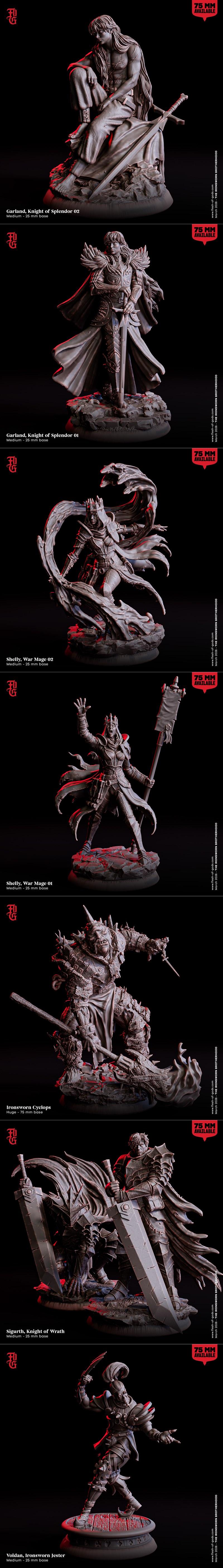 Collection of dark fantasy miniatures titled "The Ironsworn Brotherhood," featuring heroes, NPCs, and enemi...