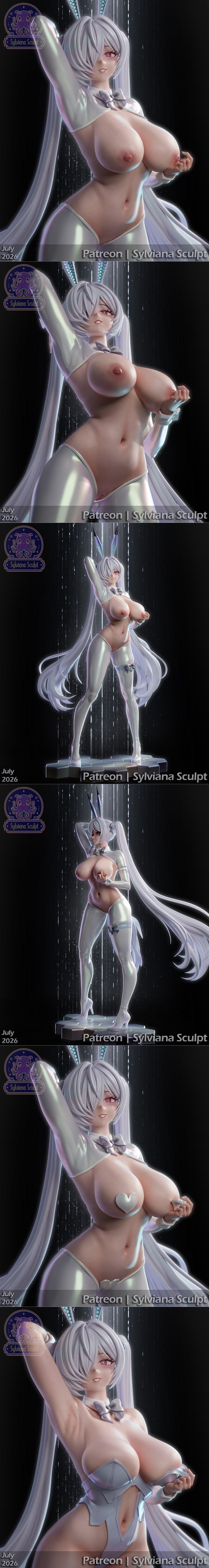 Stylized bunny-girl character in a revealing white outfit and thigh-high boots, posing dynamically on a hexagonal pla...