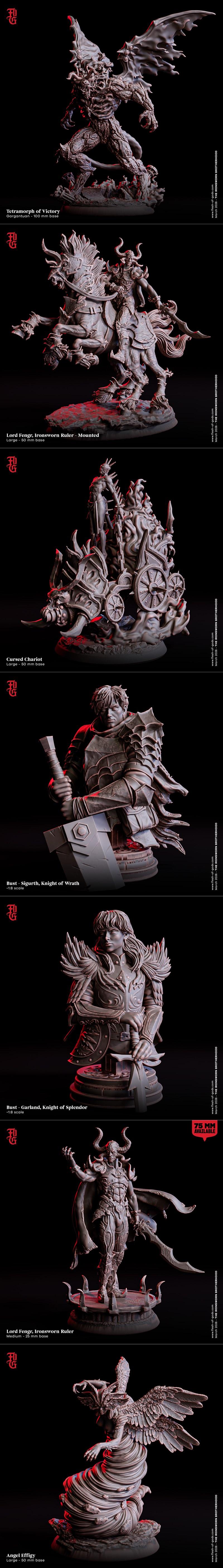 Collection of dark fantasy miniatures titled "The Ironsworn Brotherhood," featuring heroes, NPCs, and enemi...