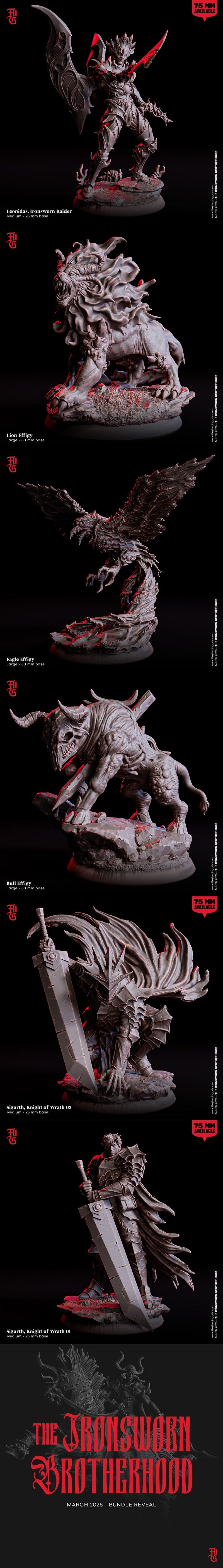 Collection of dark fantasy miniatures titled "The Ironsworn Brotherhood," featuring heroes, NPCs, and enemi...