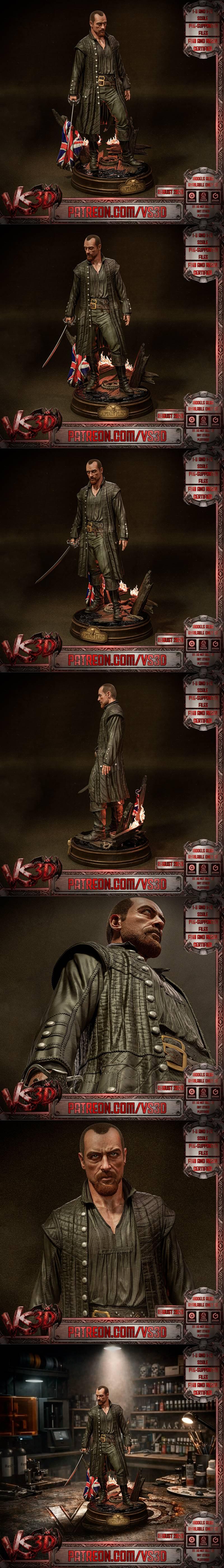 Captain James Flint from Black Sails, standing on a diorama base with burning wood and a British flag, holding a swor...