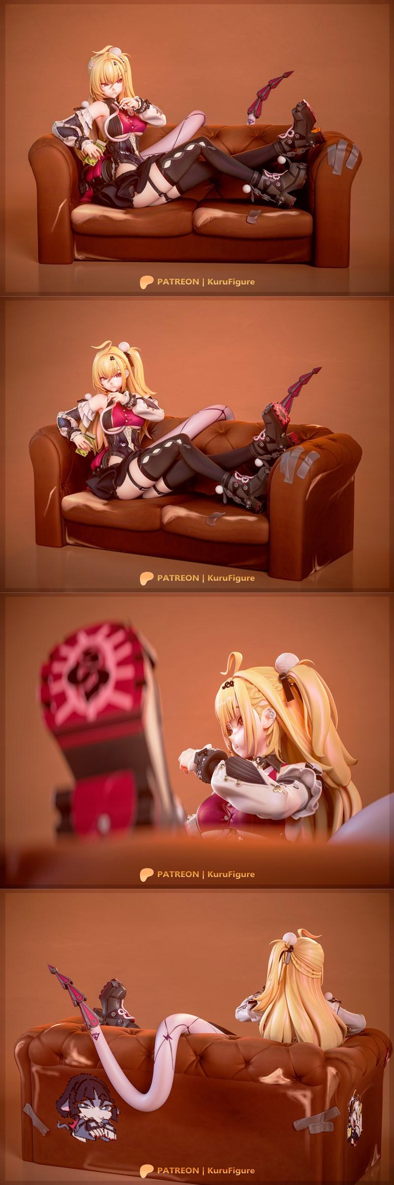 Cissia from Zenless Zone Zero lounging on a brown couch, wearing a revealing outfit with stockings and thigh-high boo...