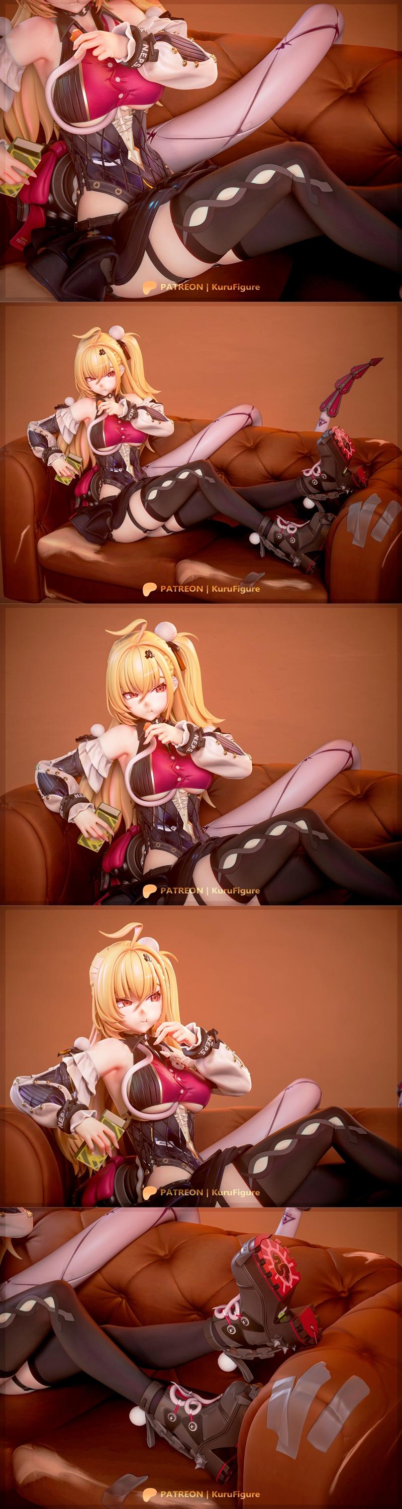 Cissia from Zenless Zone Zero lounging on a brown couch, wearing a revealing outfit with stockings and thigh-high boo...