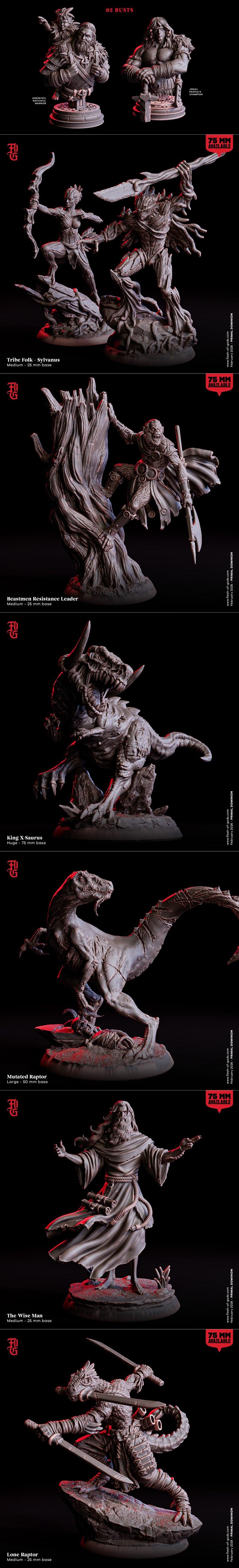 Collection of fantasy miniatures for 3D printing, featuring tribal warriors, monsters, and heroes with a dark, primal...