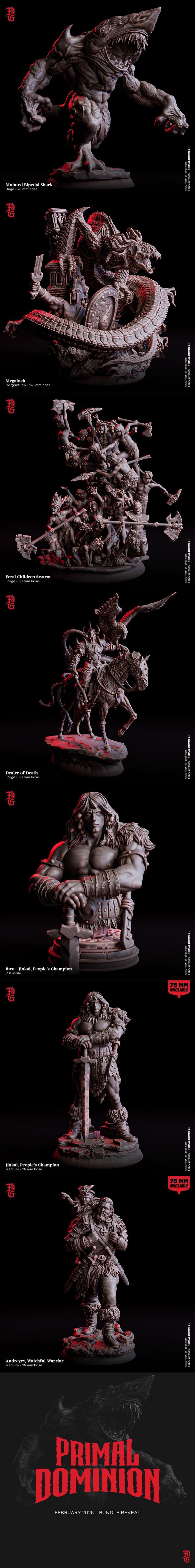 Collection of fantasy miniatures for 3D printing, featuring tribal warriors, monsters, and heroes with a dark, primal...
