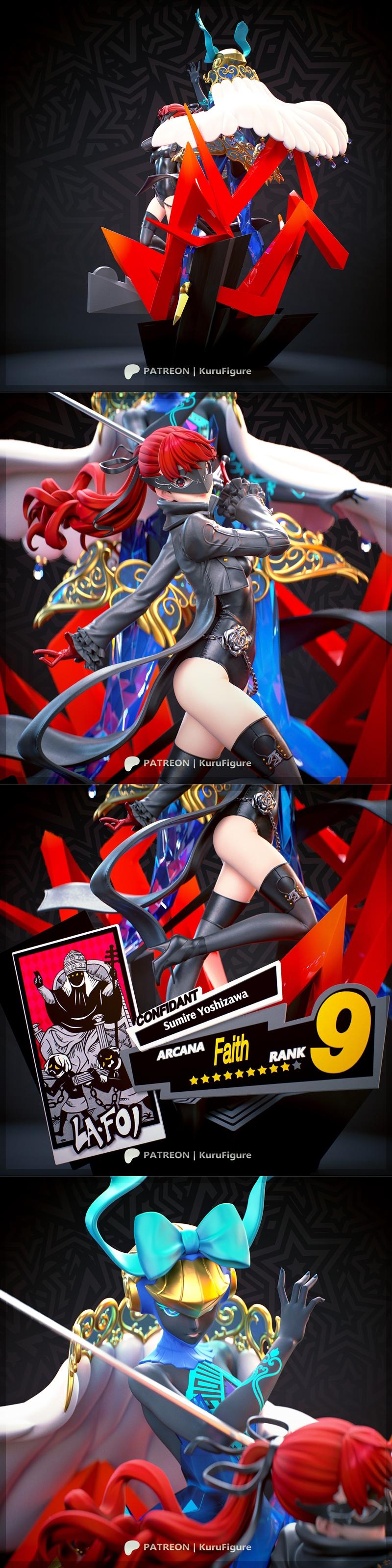 Sumire Yoshizawa and her Persona Faith from Persona, depicted in a dynamic dual sculpt with stylized red and black ba...
