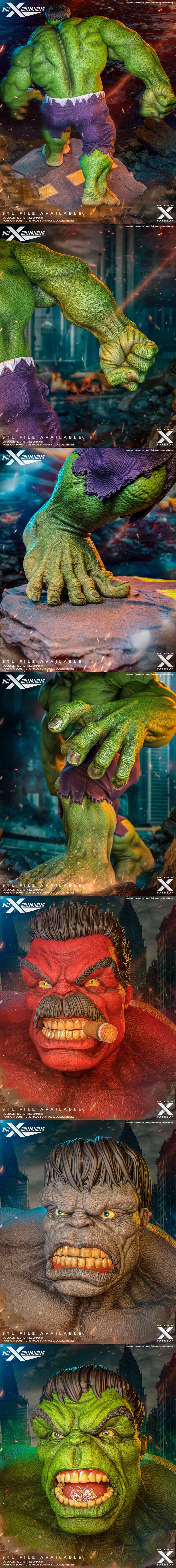 Three 3D models of the Hulk: green, red, and grey. Each figure is highly muscular, with torn pants and an enraged exp...