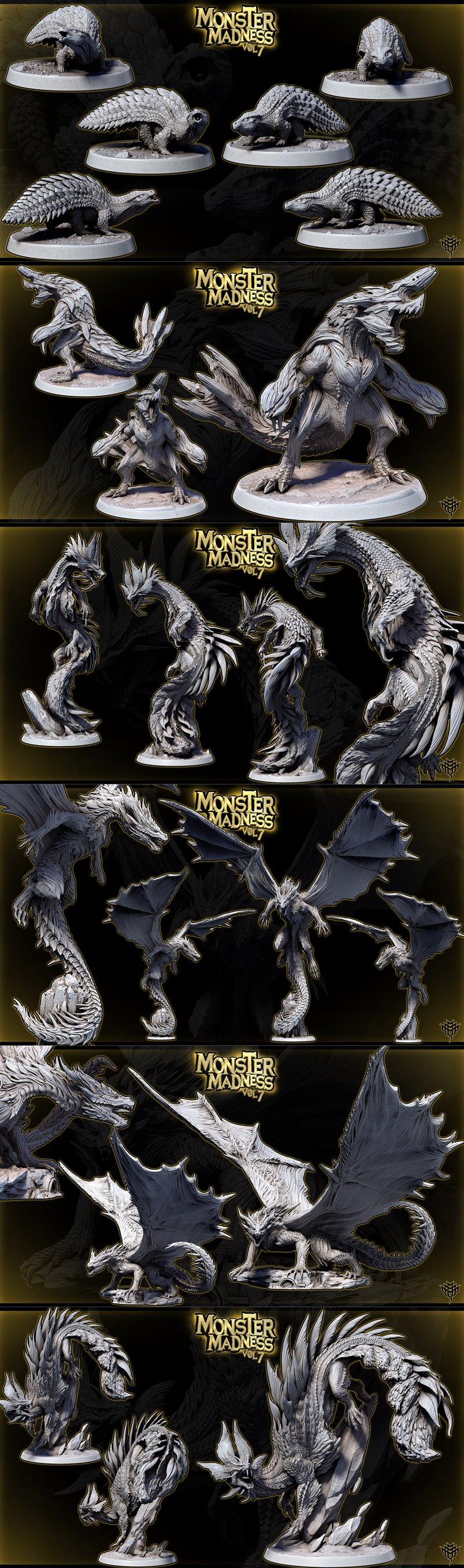 Collection of detailed 3D printable monster miniatures, including dragons, wyverns, and reptilian beasts, presented o...