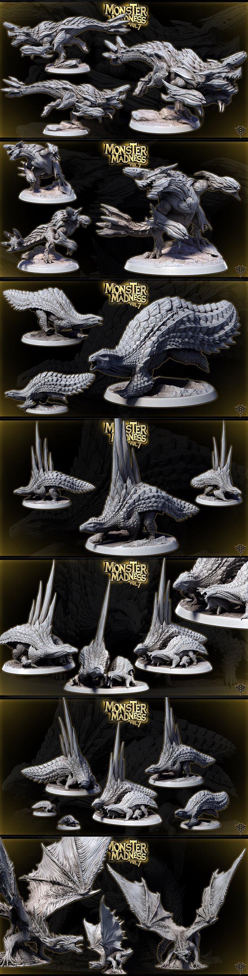 Collection of detailed 3D printable monster miniatures, including dragons, wyverns, and reptilian beasts, presented o...