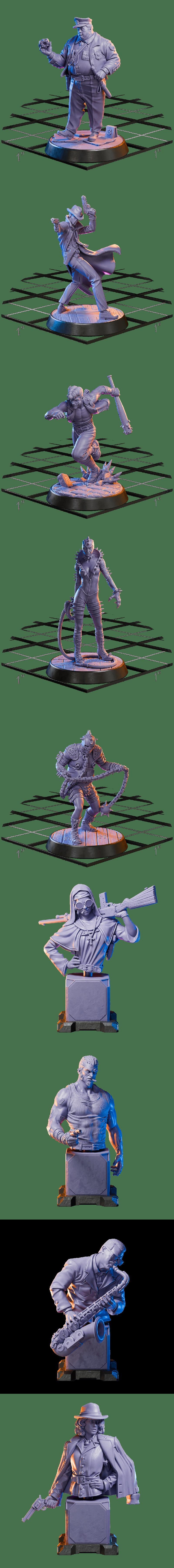 Collection of sci-fi noir miniatures and busts by Loot Studios Sci-fi, featuring detectives, gangsters, and cyberneti...