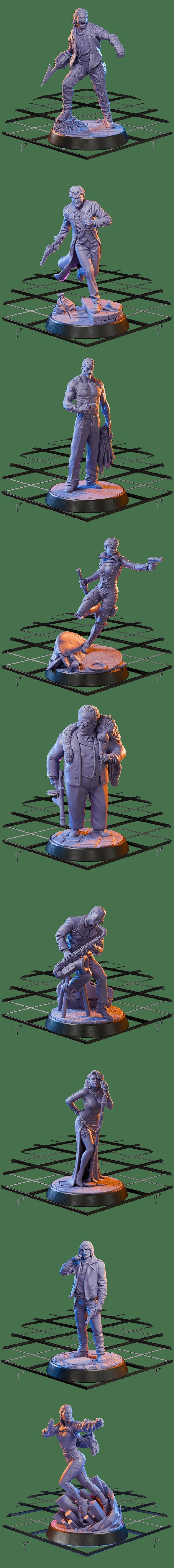 Collection of sci-fi noir miniatures and busts by Loot Studios Sci-fi, featuring detectives, gangsters, and cyberneti...