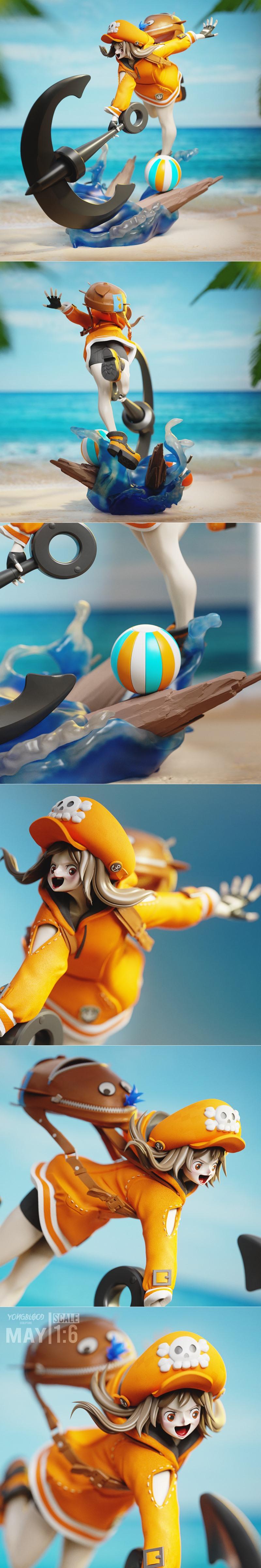 1:6 scale 3D print model of May from Guilty Gear, posed dynamically on a beach with an anchor and crashing waves.