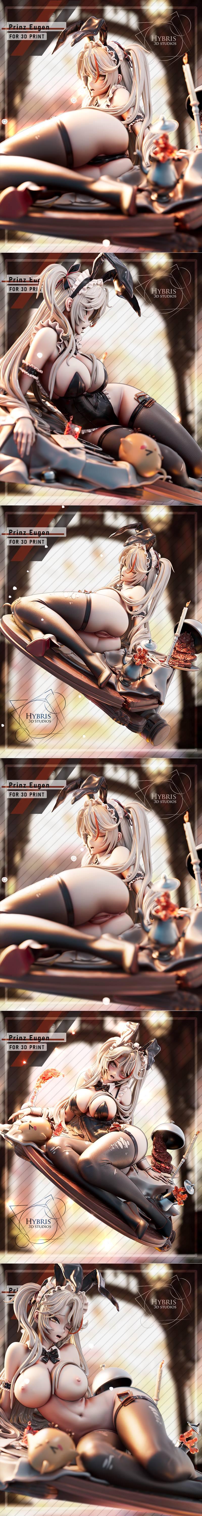 Prinz Eugen from Azur Lane in a revealing maid outfit, posed seductively with food and drink, 3D model by Hybris Studio.