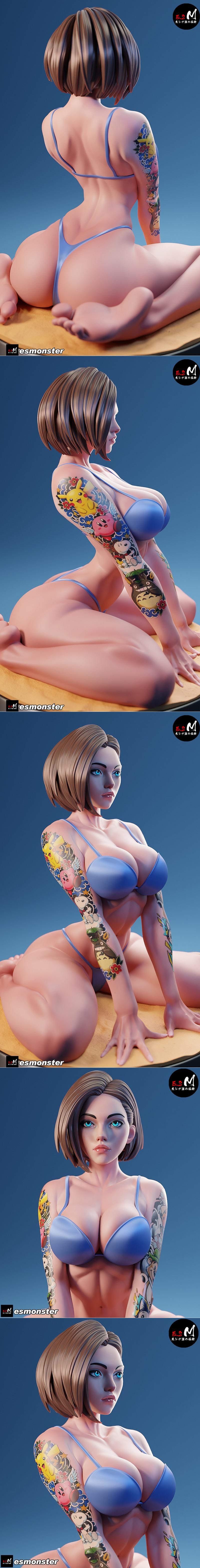 Jill Valentine from Resident Evil in a blue bikini, seated with arms adorned in colorful tattoos, rendered in an anim...