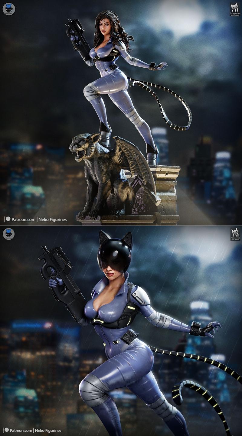 Catwoman in a sleek purple suit with a whip and gun, posed heroically on a gargoyle overlooking a city skyline.