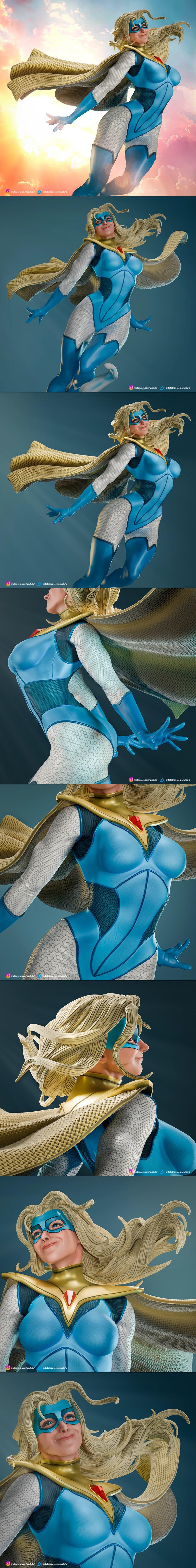 Blonde Blazer superhero figure in mid-flight, wearing a blue and white costume with a gold trim and a flowing cape, a...