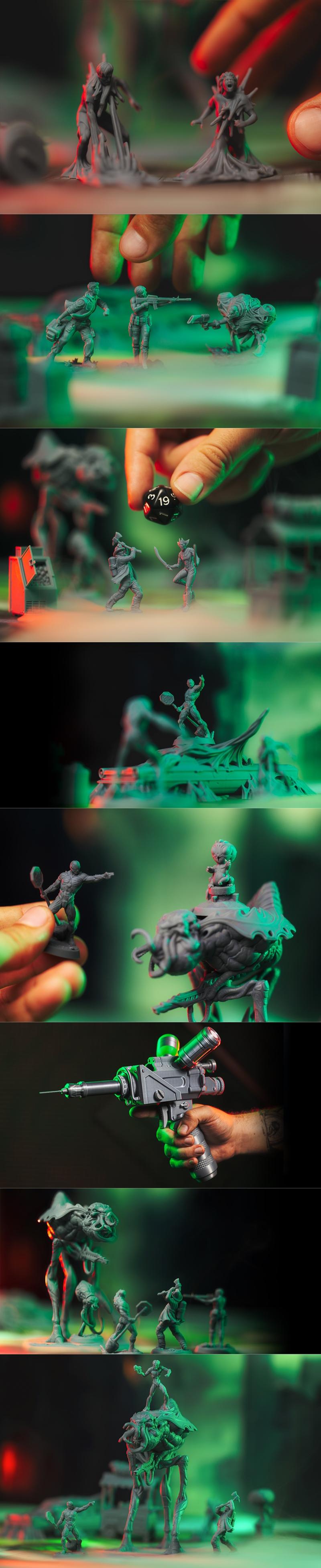 Collection of sci-fi miniatures depicting soldiers fighting alien monsters, with "Earth Invasion" logo. Inc...