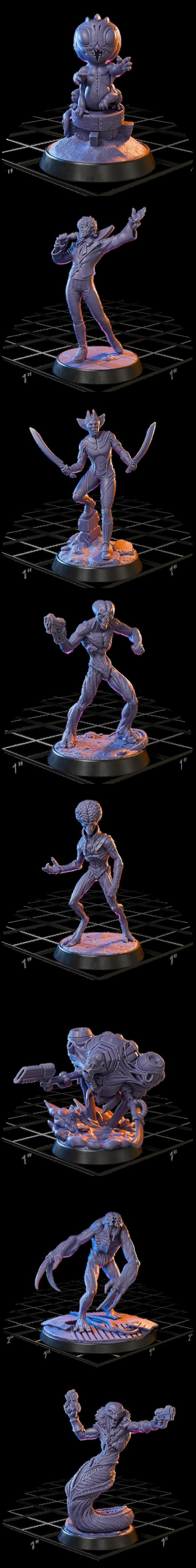 Collection of sci-fi miniatures depicting soldiers fighting alien monsters, with "Earth Invasion" logo. Inc...