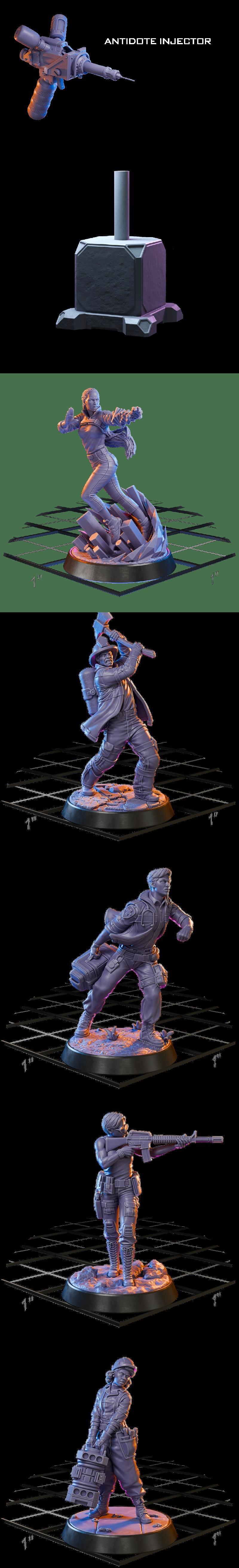 Collection of sci-fi miniatures depicting soldiers fighting alien monsters, with "Earth Invasion" logo. Inc...