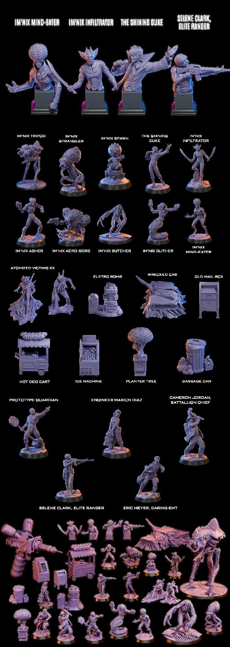 Collection of sci-fi miniatures depicting soldiers fighting alien monsters, with "Earth Invasion" logo. Inc...