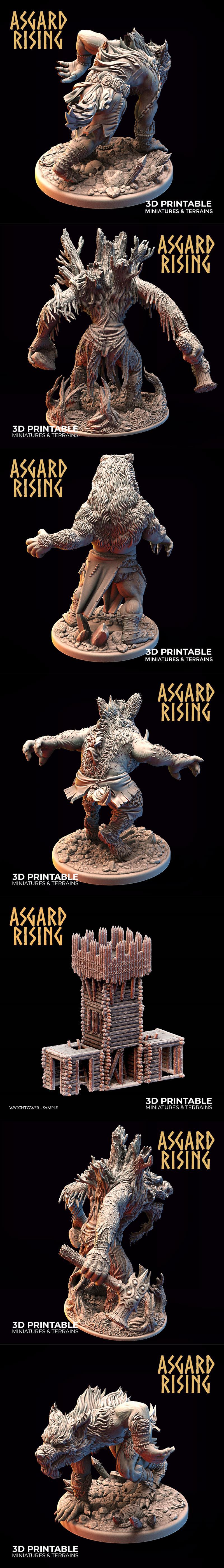 Three distinct 3D printable miniatures: a muscular bear-man, a monstrous tree-like creature, and a ferocious boar-man...
