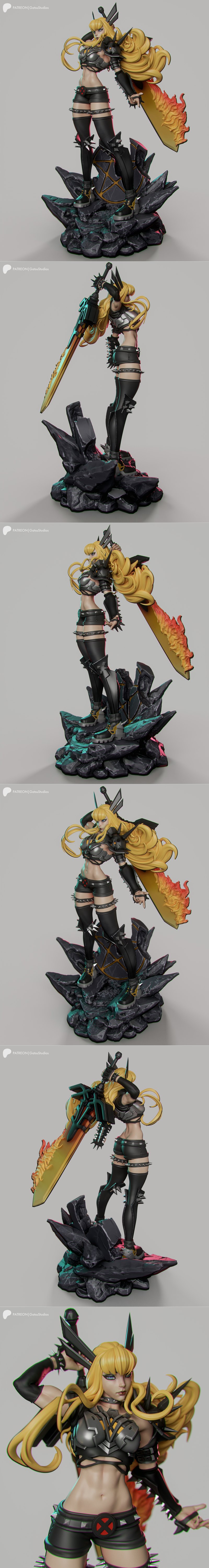 Magik figure with flaming sword, wearing studded armor and shorts, posed on a rocky base. Gatsu Studios 3D model.
