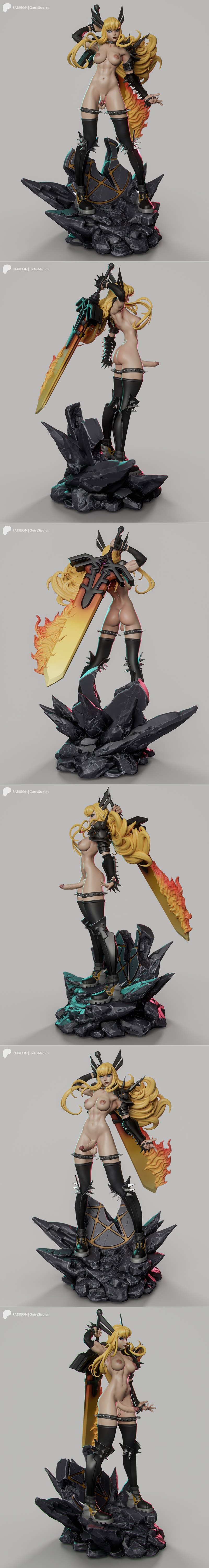 Magik figure with flaming sword, wearing studded armor and shorts, posed on a rocky base. Gatsu Studios 3D model.