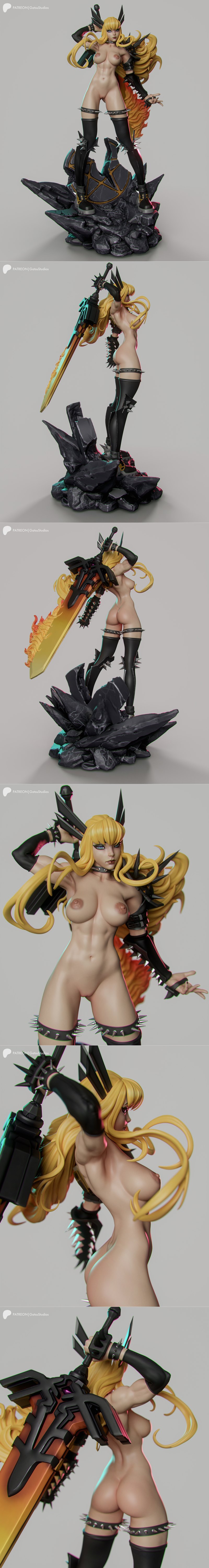 Magik figure with flaming sword, wearing studded armor and shorts, posed on a rocky base. Gatsu Studios 3D model.