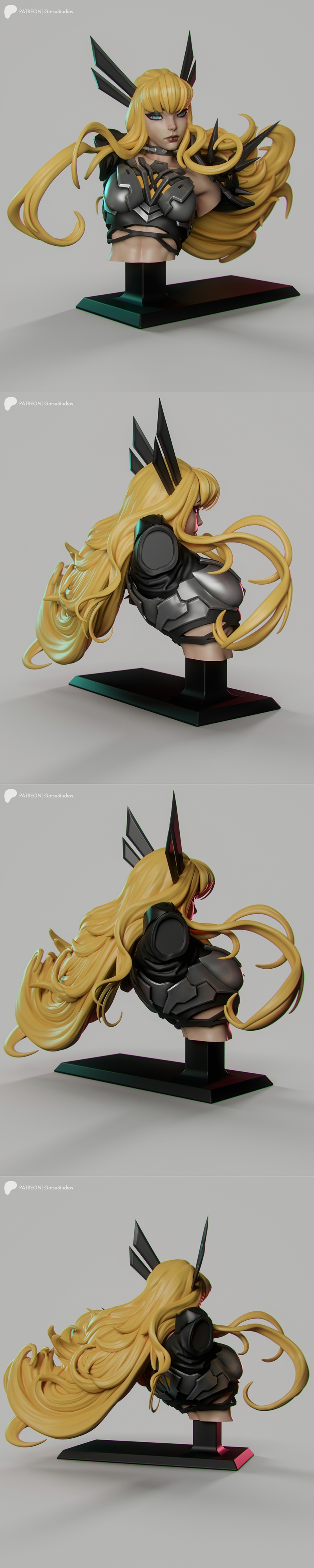 Magik figure with flaming sword, wearing studded armor and shorts, posed on a rocky base. Gatsu Studios 3D model.