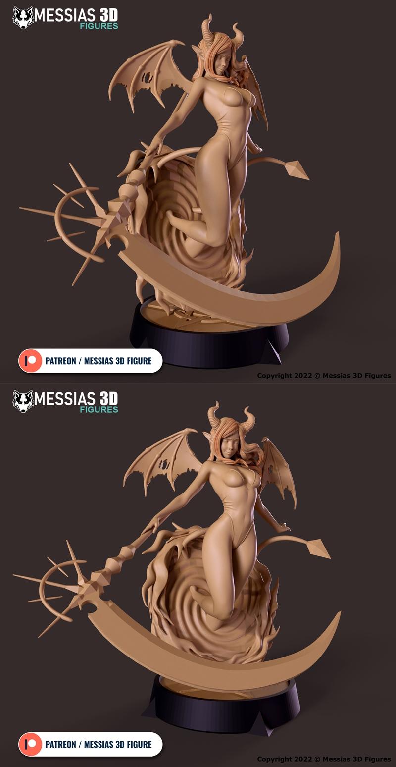 Succubus character with black wings and horns, wearing a revealing black outfit, holding a large scythe, posed dynami...