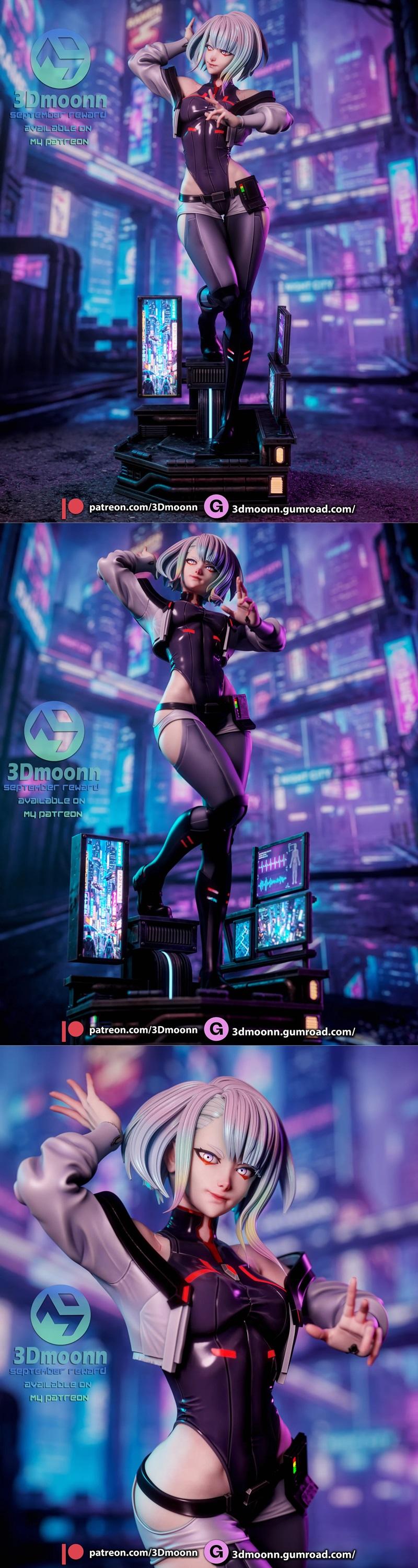 Lucy from Cyberpunk Edgerunners striking a pose on a detailed cyberpunk diorama base with multiple screens.