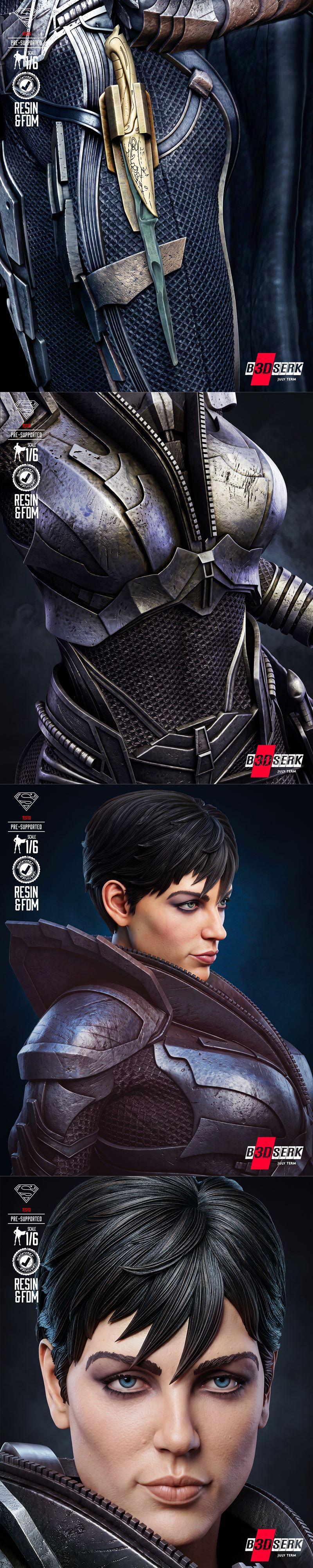 1/6 scale 3D print model of Faora-Ul in detailed armor and cape, standing on a Kryptonian-themed base with Superman e...